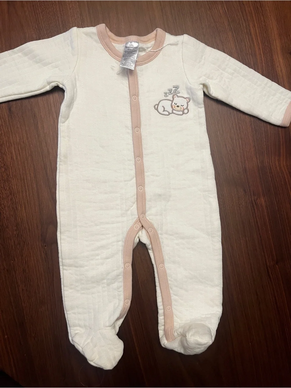 Cream Baby Footed One-Piece with Beige Trim and Sleeping Bear